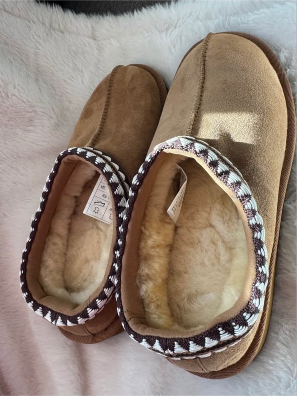 Kirkland Signature Tan Suede Shearling-Lined Slip-On Slippers